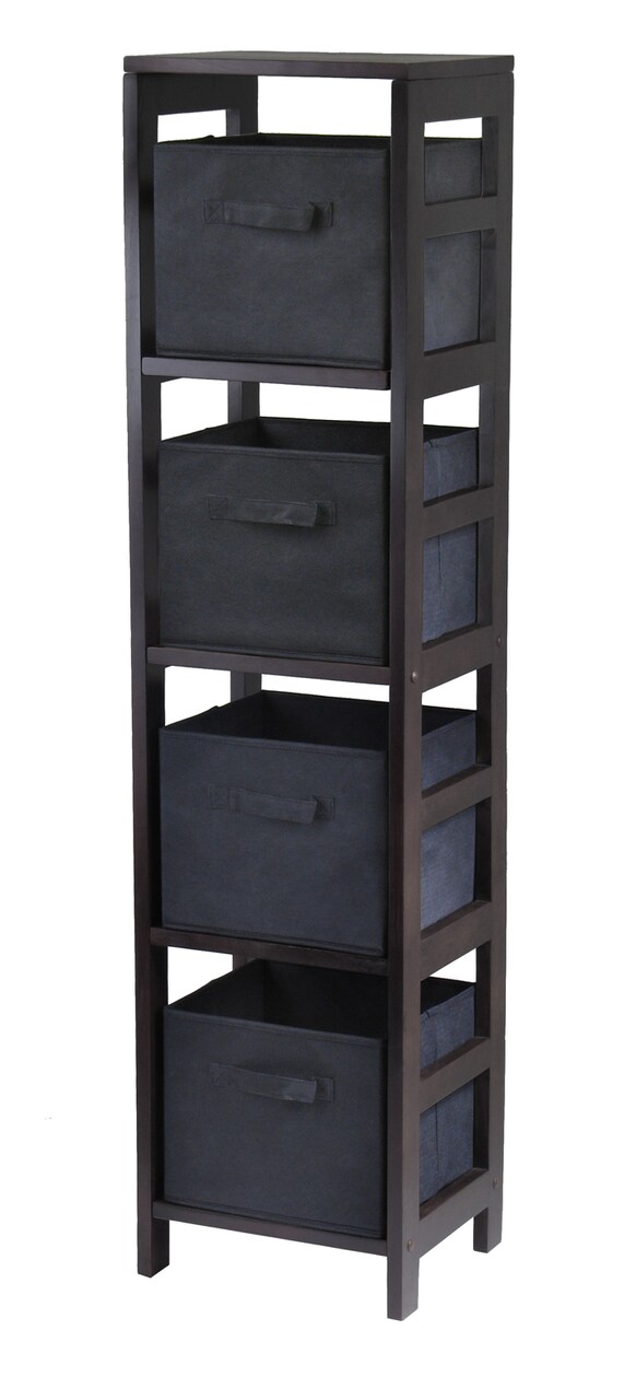 Contemporary Home Living 54.75" Black Unique Capri 4-Section Storage Shelf with 4 Foldable Black Fabric Baskets